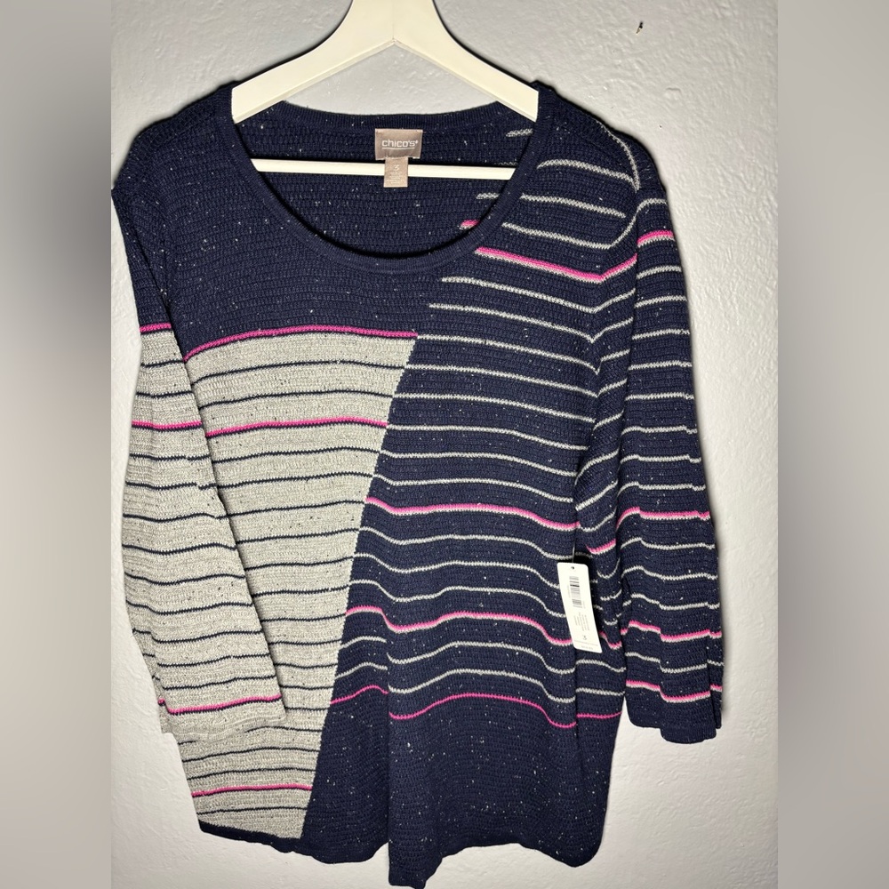 Chicos Blocked Stripe 3/4-Sleeve‎ Pullover Sweater Size 3. Navy Gray Speckled